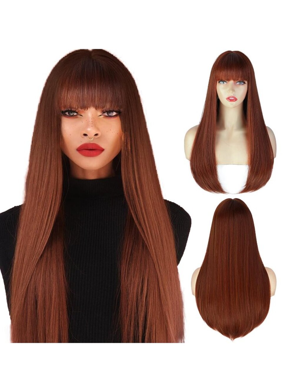 Women's Auburn 22 Inch Heat Resistant Synthetic Long Straight Wigs Bangs